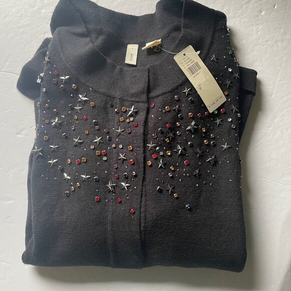 Anthropologie Beaded Stars Cardigan Sweater Womens Small Black Crop Snap Front - Picture 6 of 8